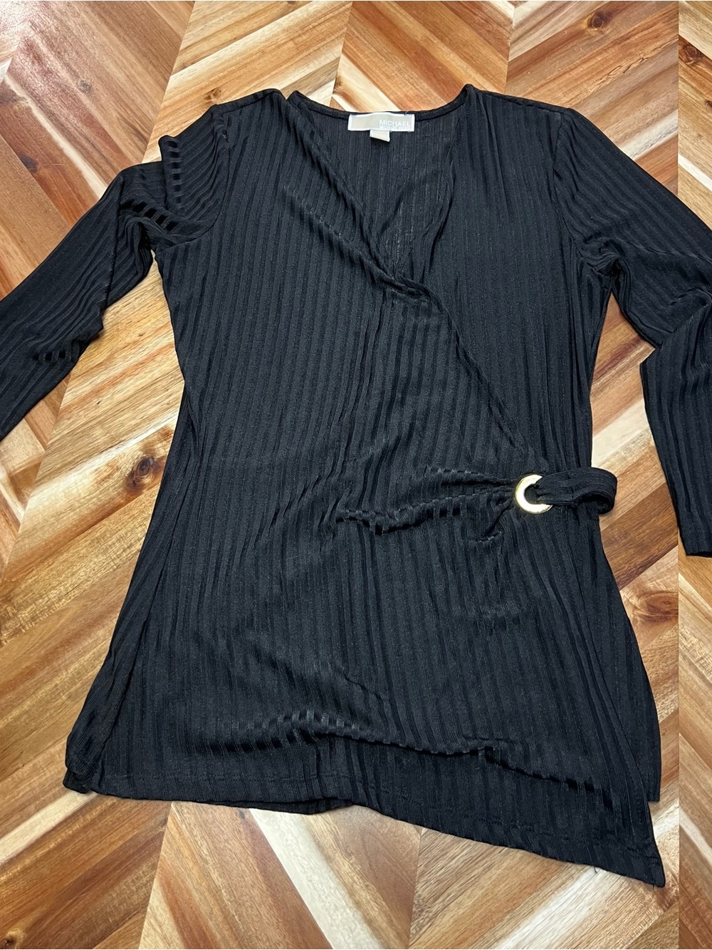 Michael Kors Black Ribbed Wrap-Style Tunic with Gold Ring